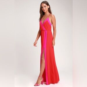 🪸 LULUs Bright Side Coral Red Color Block Maxi Dress. XS. Excellent Condition!